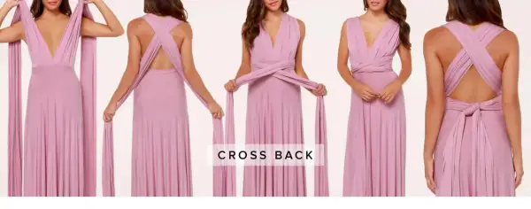Instrukcja krok po kroku, jak wiązać sukienkę kopertową z efektem "cross back". Pięć ujęć pokazuje różne etapy tworzenia stylizacji.
