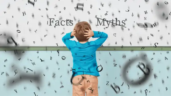 Jongen met handen in het haar, omringd door zwevende letters. Boven hem staat 'Facts' en 'Myths', wat de uitdaging van wat is begrijpend lezen illustreert.