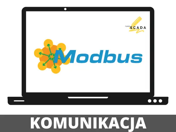 Laptop z logo Modbus i napisem "rysuje SCADA". Program do komunikacji Modbus RTU.