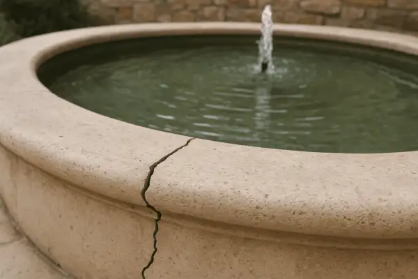 Bassin de fontaine en pierre avec une fissure visible. Une question se pose : comment étancheifier un bassin pour éviter les fuites ?