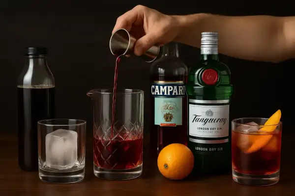 Ręka wlewa czerwony płyn do szklanicy. Obok butelki ginu, Campari, pomarańcza i gotowy Negroni. Idealny drink, by nie popełnić żadnego sbagliato.