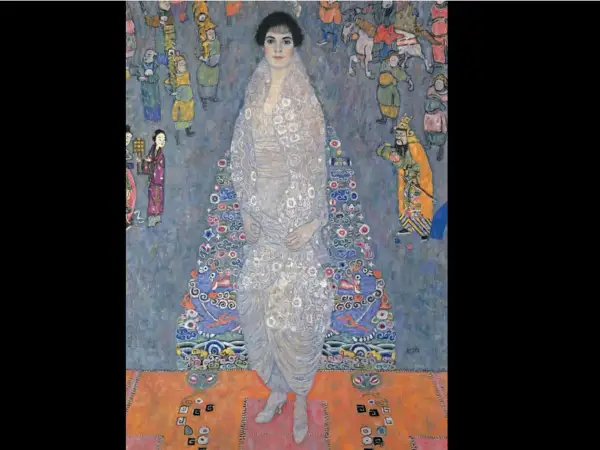 Portret kobiety w bogato zdobionej sukni, na tle sceny z postaciami w orientalnych strojach. Ciekawe fakty o Gustavie Klimcie i jego dziełach.