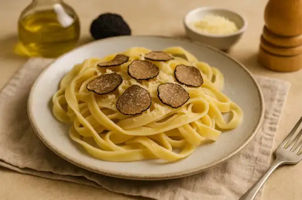 Tagliatelle z tartą truflą i parmezanem, pachnące oliwą z oliwek. Pyszny makaron z truflami.