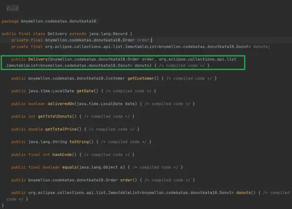 Code Java montrant une classe `Delivery` qui `extends java.lang.Record`, gérant une commande et une liste de donuts.