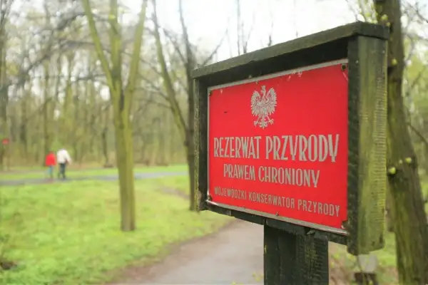 Czerwony znak informuje o rezerwacie przyrody. W tle spacerują dwie osoby pośród drzew.