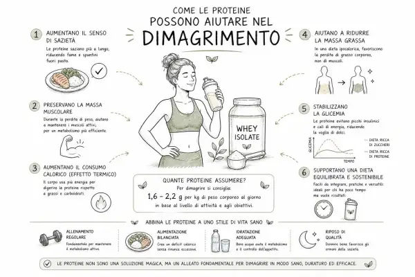 Le proteine aiutano nel dimagrimento: aumentano sazietà, preservano massa muscolare e stabilizzano la glicemia. Gli aminoacidi sono fondamentali.