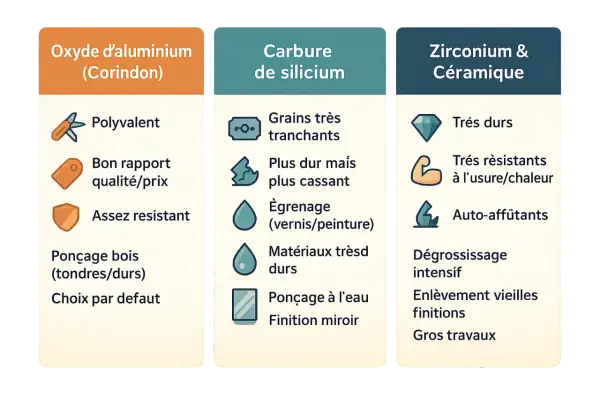 Comparaison des grains abrasifs : oxyde d'aluminium (polyvalent, idéal pour quel grain pour poncer bois), carbure de silicium (très tranchant) et zirconium/céramique (très dur).