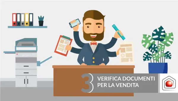 Uomo multitasche con documenti e smartphone, pronto per il fondo servente. Verifica documenti per la vendita.