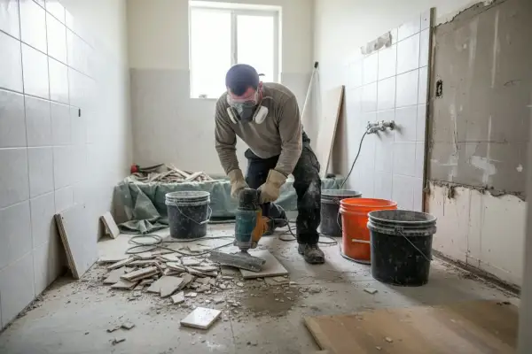 Operaio con maschera e occhiali demolisce piastrelle pavimento. Il cantiere è in corso, con secchi e detriti. Valutazione costo demolizione pavimento.