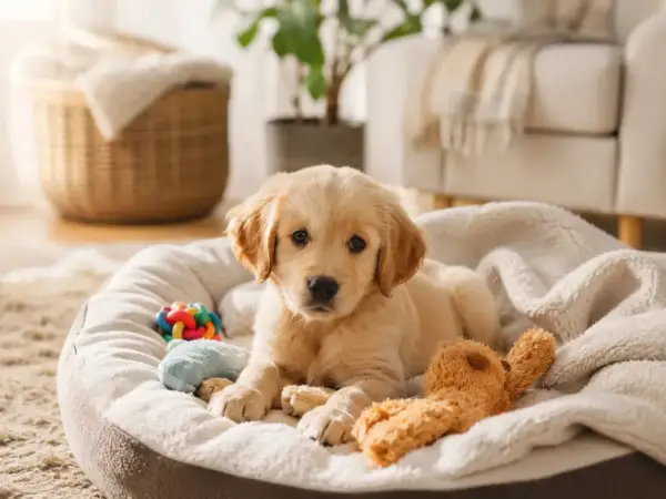 Adorable cachorro dorado descansa en su cama con juguetes. Ideal para quienes buscan perros hipoalergénicos.