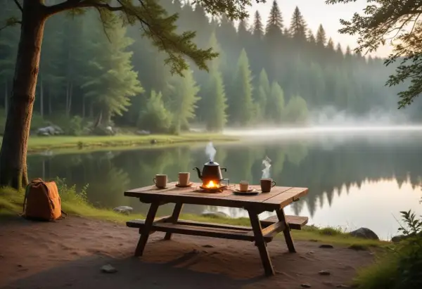 En idyllisk morgon vid en sjö. En picknickbänk med kaffepanna och muggar, redo för en härlig kaffe vandring.