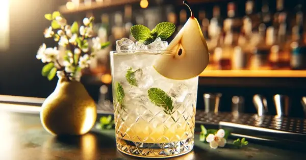 Orzeźwiający absolut gruszkowy drink z plasterkiem gruszki i miętą, ozdobiony kwiatami, na tle baru.
