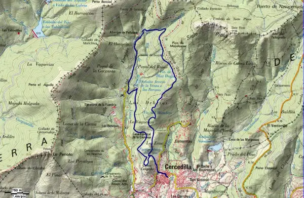 Ruta de senderismo en Cercedilla, con el camino del agua marcado en azul.