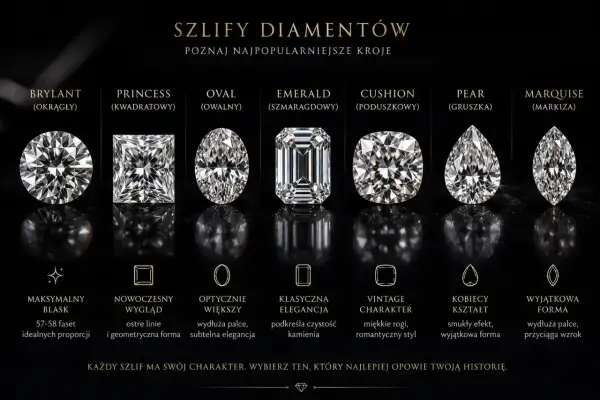 Różne szlify diamentów: brylant, princess, oval, emerald, cushion, pear, marquise. Każdy ma swój mały diament inaczej.
