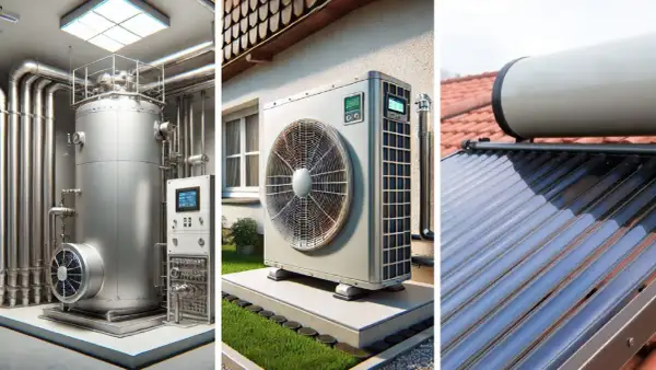Moderne Heizung für Ihr Haus: Wärmepumpe, Solarthermie und ein großer Warmwasserspeicher sorgen für Effizienz.