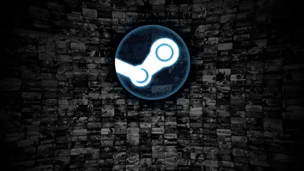 Niebieskie logo Steam na tle mozaiki okładek gier.