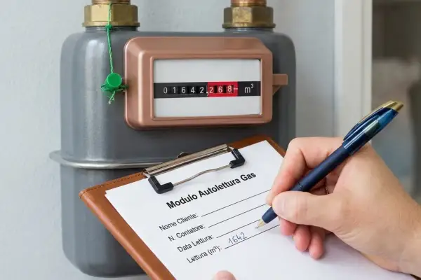Lettura contatore gas: un tecnico compila un modulo annotando i numeri del contatore.