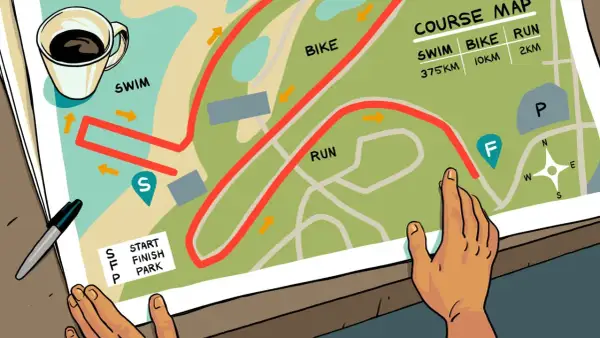 Course map showing swim, bike, and run routes with distances, perfect for beginner triathlon distances.