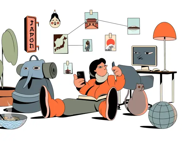 Una persona planea su viaje a Japón, rodeada de imágenes icónicas y un globo terráqueo. ¡Excelentes consejos de viaje para inspirarte!