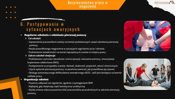 Szkolenie z pierwszej pomocy w magazynie: ćwiczenia RKO na fantomie i nauka obsługi AED. BHP w magazynie to podstawa.
