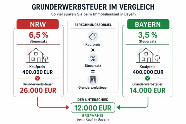 Vergleich der Grunderwerbsteuer in NRW (6,5%) und Bayern (3,5%) bei 400.000 EUR Kaufpreis. Ersparnis beim Kauf in Bayern: 12.000 EUR.