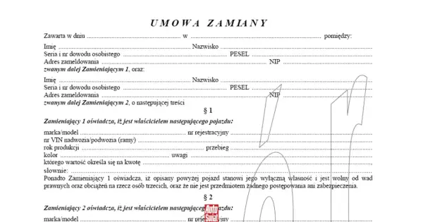 Umowa zamiany samochodu: dokument zawiera dane stron, szczegóły pojazdów i oświadczenia o własności.