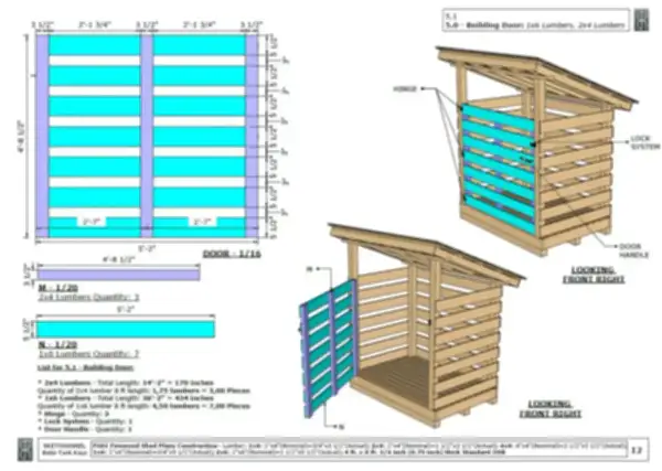 Detaljerad vedbod ritning med mått och materiallista. En ritning för en vedbod som visar konstruktion och delar.
