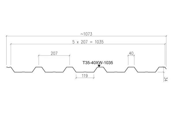 Profil blachy trapezowej T35-40XW-1035 z wymiarami: szerokość całkowita ~1073 mm, szerokość krycia 1035 mm, wysokość profilu 34 mm, rozstaw żeber 207 mm.