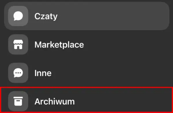 Menu Messengera: Czaty, Marketplace, Inne, Archiwum. Tu znajdziesz sposób, jak przywrócić czaty na Messengerze.