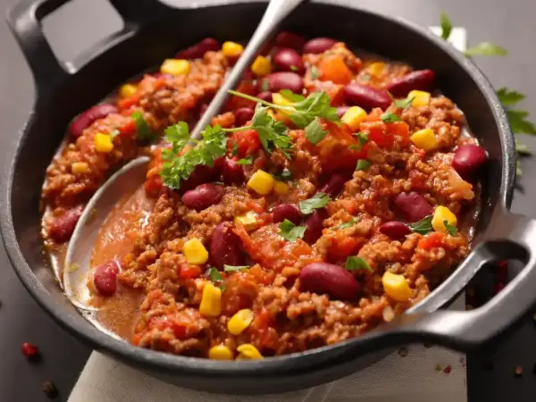 Gęste, aromatyczne chili con carne z fasolą i kukurydzą, podane w żeliwnej patelni, ozdobione natką pietruszki.