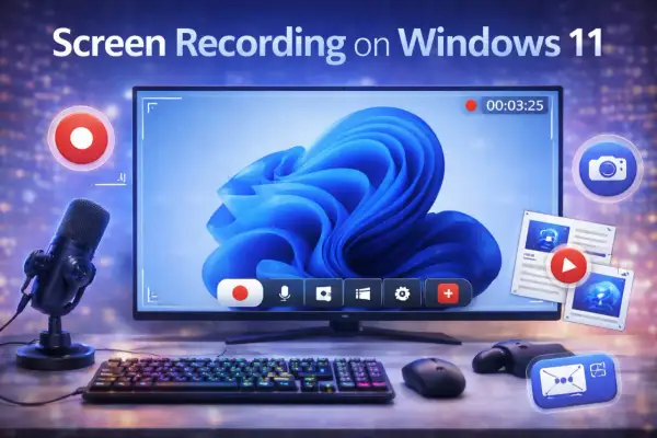 Nagrywanie ekranu Windows 11: mikrofon, klawiatura, mysz i kontroler gotowe do akcji.
