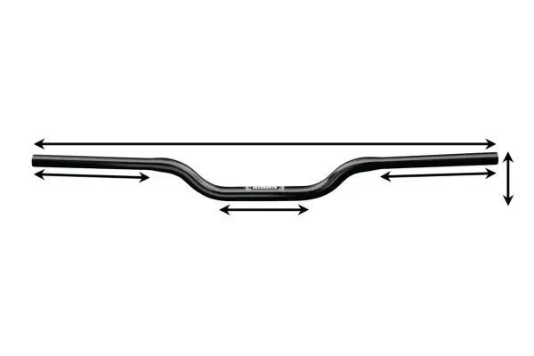 Manillar negro de moto con flechas indicando dimensiones. Se aprecian partes del manillar y sus medidas.