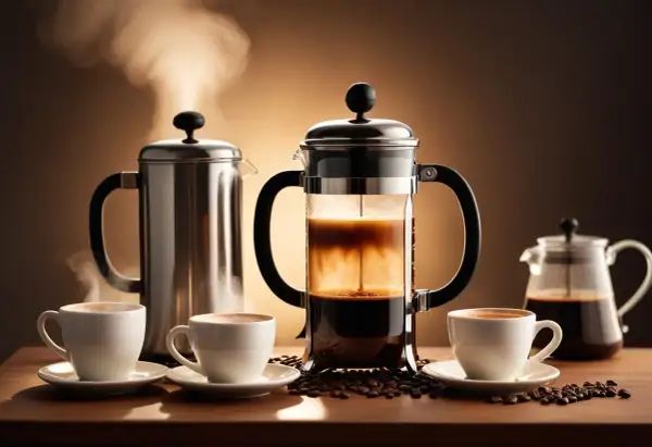 En fransk press kaffe med ånga som stiger från en kaffebryggare och koppar. Kaffebönor sprids ut på bordet.