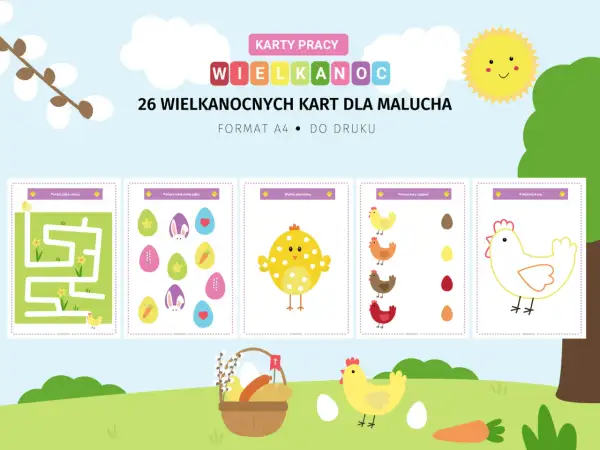 Wielkanoc karty pracy dla malucha: labirynt, dopasowywanie jajek, wyklejanie kurczaka, łączenie kur z jajami i kolorowanka kury.