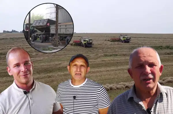 Rolnicy rozmawiają o skupie zboża. W tle kombajny pracują na polu, a przy silosie stoi traktor z przyczepą. Cargill cena.