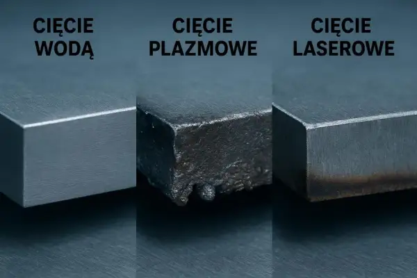 Porównanie efektów cięcia: gładka krawędź po cięciu wodą, szorstka po plazmowym i lekko przypalona po laserowym.