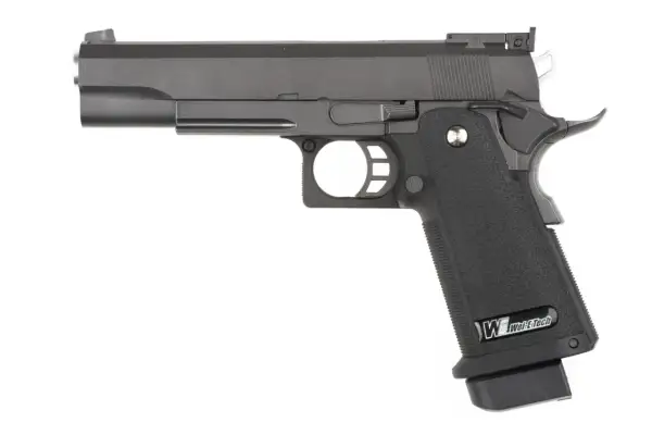 Pistola de airsoft negra, modelo Hi-Capa, con empuñadura texturizada y el logo "Wei-E-Tech". Lista para la acción en tu próxima partida de rhop airsoft.