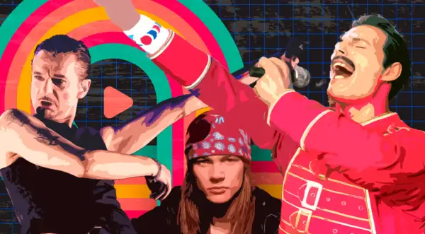 Ikonen der Rockbands der 80er: Freddie Mercury, Axl Rose und ein weiterer Musiker in dynamischer Pose vor einem bunten Retro-Hintergrund.
