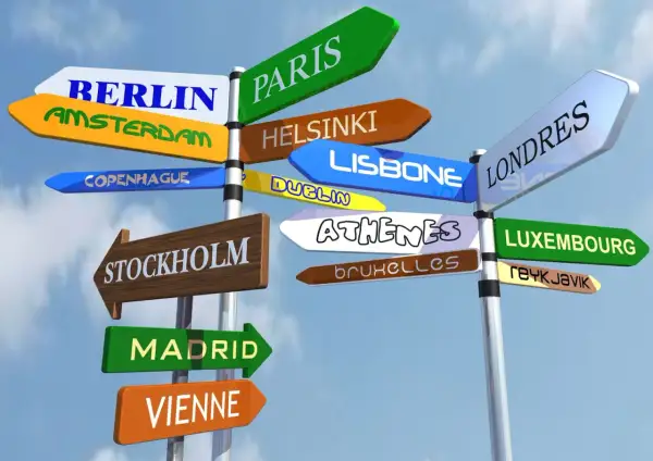 Señalización de ciudades europeas, como París, Berlín, Madrid y Londres, ideal para estudiantes que buscan becas Erasmus.