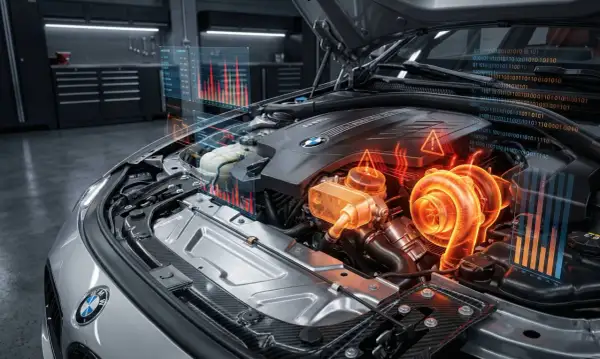 Silnik BMW E50 z wizualizacją danych i ostrzeżeniami.