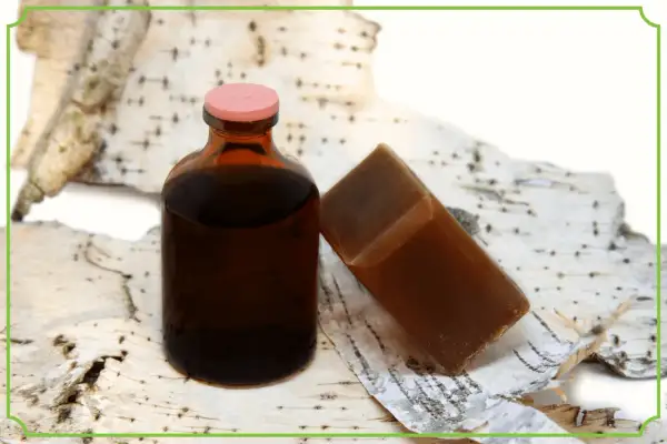 Brązowa buteleczka z płynem i kostka mydła na korze brzozy. Dziegieć co to? To naturalny produkt o wielu zastosowaniach.