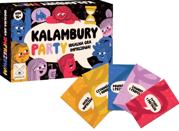 Gra "Kalambury Party" z hasłami dla dorosłych. Kolorowe karty z kategoriami: Czynności i hobby, Powiedz i przyznaj, Zawody i profesje, Tytuły i postacie. Idealna na imprezy!