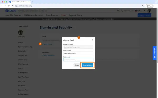 Okno dialogowe "Zmień e-mail" z polami na obecny i nowy adres e-mail oraz hasło.
