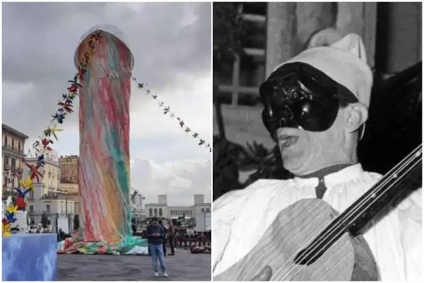 Gigantesca effigie colorata e maschera di Pulcinella, simbolo del suo nome comune e della tradizione napoletana.