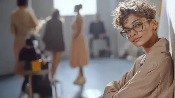 Junge Frau mit Brille lehnt an Wand, im Hintergrund Models bei einem Modemanagement-Event in Berlin.