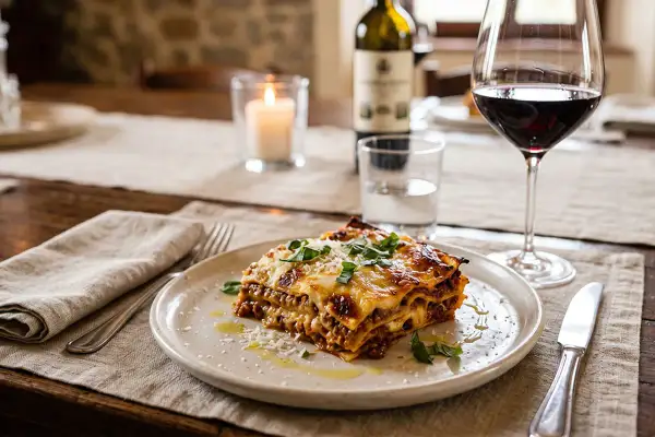 Ein Stück Lasagne auf einem Teller, daneben ein Glas Rotwein. Perfekt für einen gemütlichen Abend mit Wein zu Lasagne.