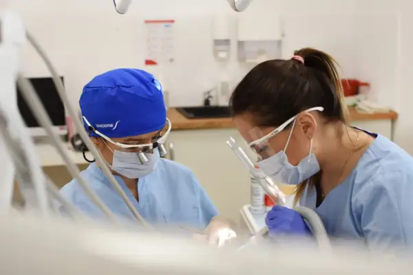 Dwie dentystki w maseczkach i okularach pracują przy pacjencie. Zastanawiasz się nad leczeniem kanałowym? Cena może być różna.
