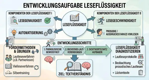 Das Schaubild zeigt, wie Leseflüssigkeit entwickelt wird. Laut lesen vorteile sind hierbei zentral, von Genauigkeit bis Ausdruck.