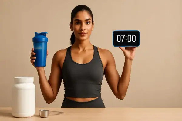 Donna con shaker e barattolo di proteine in polvere, pronta per il suo allenamento mattutino alle 7:00.