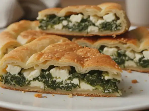 Pyszny borek ze szpinakiem i fetą, posypany sezamem, na białym talerzu.